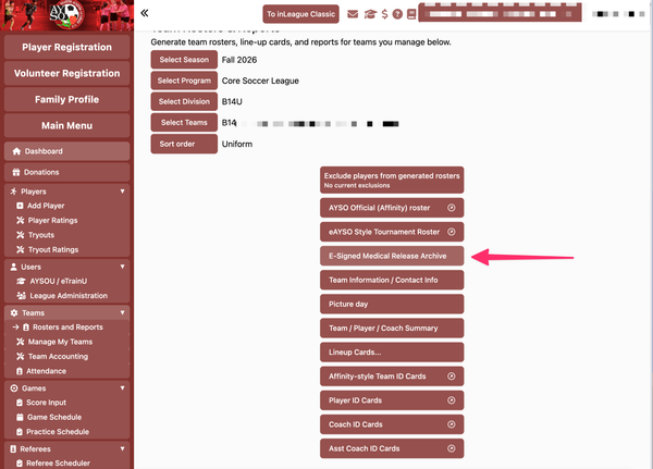 The Rosters and Reports screen in inLeague, with the E-Signed Medical Release Archive button highlighted